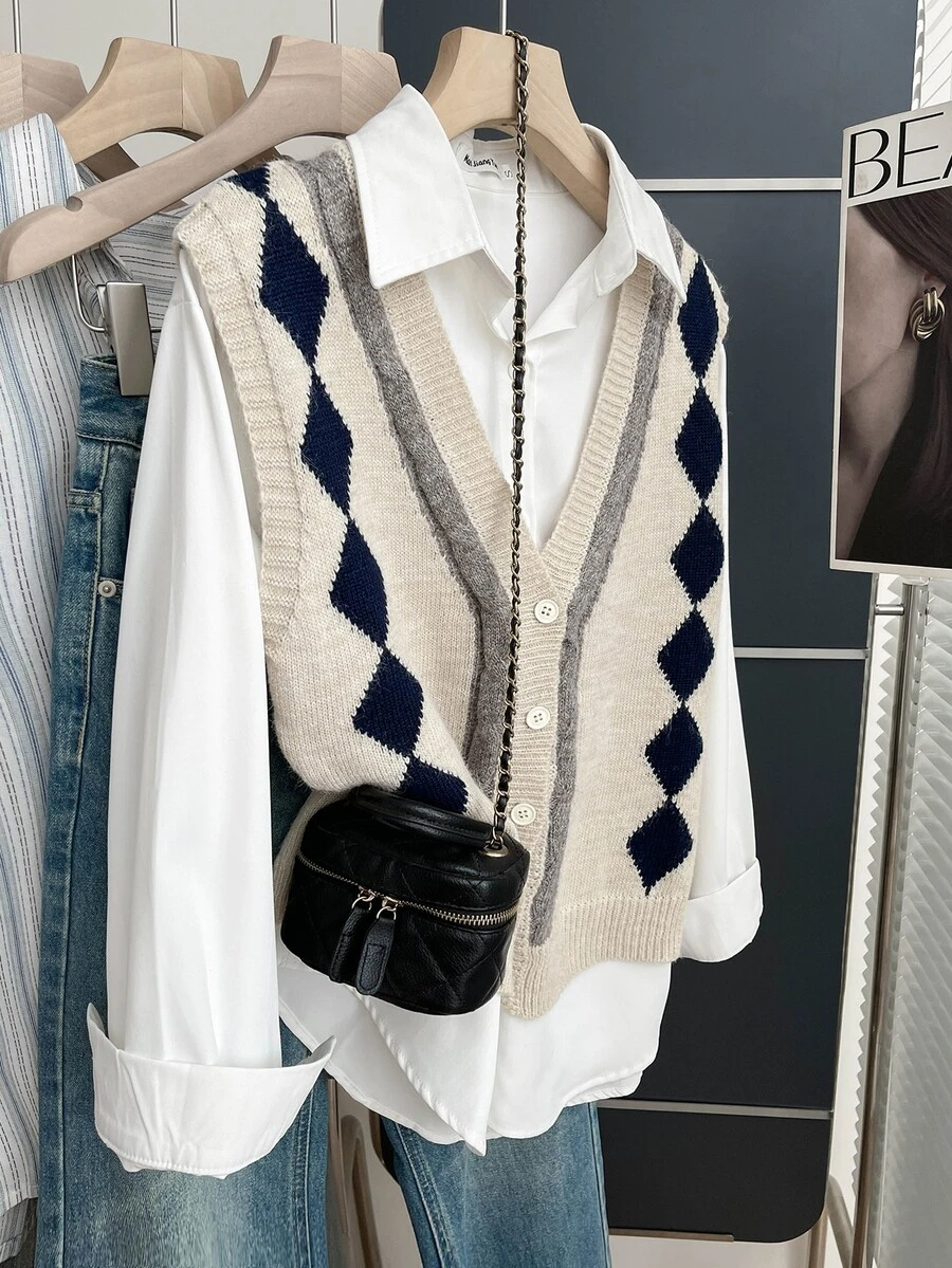 SHEIN Franclia Women's Colorblock Casual Versatile Daily Wear Knitted Vest - Apricot - View 1