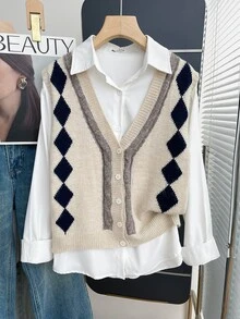 SHEIN Franclia Women's Colorblock Casual Versatile Daily Wear Knitted Vest - Apricot - View 3