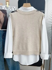 SHEIN Franclia Women's Colorblock Casual Versatile Daily Wear Knitted Vest - Apricot - View 2