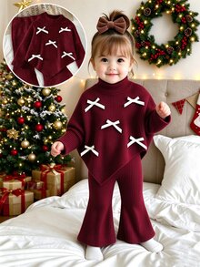SHEIN Playful Pals Baby Girls Infant (Girl) Fall Winter Casual T-Shirt 2pcs Set Front Black Ribbon Bow Design Asymmetrical Pullover High Neck Knitted Ribbed Brushed - Burgundy - View 1