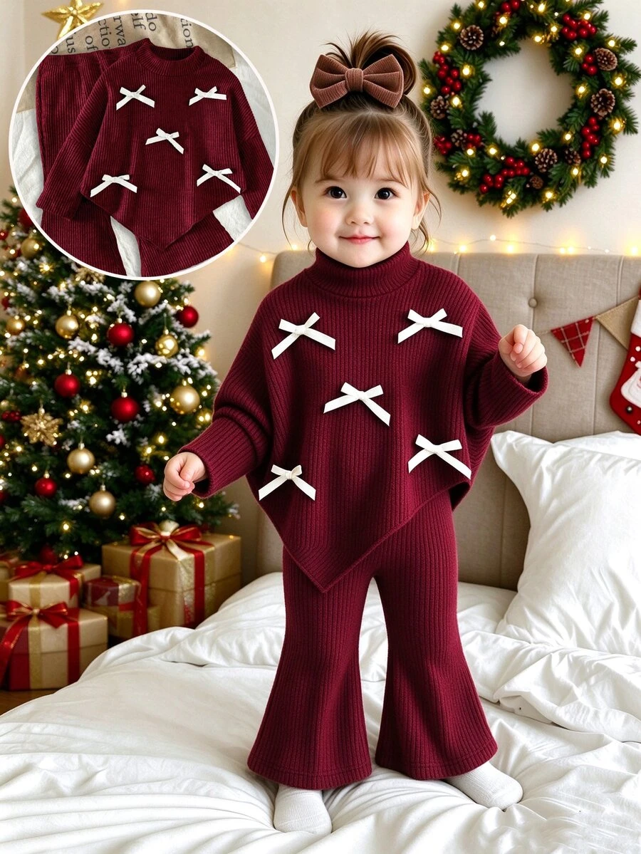 SHEIN Playful Pals Baby Girls Infant (Girl) Fall Winter Casual T-Shirt 2pcs Set Front Black Ribbon Bow Design Asymmetrical Pullover High Neck Knitted Ribbed Brushed - Burgundy - View 1