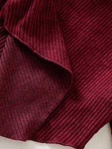 SHEIN Playful Pals Baby Girls Infant (Girl) Fall Winter Casual T-Shirt 2pcs Set Front Black Ribbon Bow Design Asymmetrical Pullover High Neck Knitted Ribbed Brushed - Burgundy - View 5