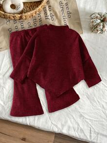 SHEIN Playful Pals Baby Girls Infant (Girl) Fall Winter Casual T-Shirt 2pcs Set Front Black Ribbon Bow Design Asymmetrical Pullover High Neck Knitted Ribbed Brushed - Burgundy - View 2