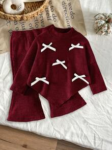 SHEIN Playful Pals Baby Girls Infant (Girl) Fall Winter Casual T-Shirt 2pcs Set Front Black Ribbon Bow Design Asymmetrical Pullover High Neck Knitted Ribbed Brushed - Burgundy - View 8