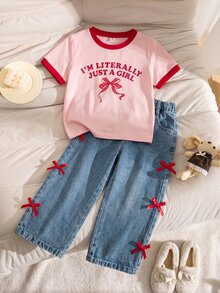 SHEIN Elladie kids 2Pcs Girls Casual Outfit, Short Sleeve Color Block T-Shirt With Letter & Bow Print, Wide Leg Pants With Bow Decor, Matching Set,For Daily Wear, Summer - Multicolor - View 4