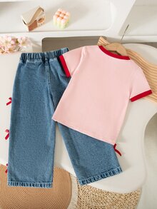 SHEIN Elladie kids 2Pcs Girls Casual Outfit, Short Sleeve Color Block T-Shirt With Letter & Bow Print, Wide Leg Pants With Bow Decor, Matching Set,For Daily Wear, Summer - Multicolor - View 3