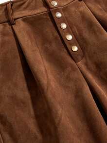 LUMIGAL Women's Brown Suede Cinched Waist Button-Front Tapered Leg Vintage Boho Casual Commuter Pants, Spring/Autumn - Brown - View 5