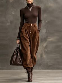 LUMIGAL Women's Brown Suede Cinched Waist Button-Front Tapered Leg Vintage Boho Casual Commuter Pants, Spring/Autumn - Brown - View 4