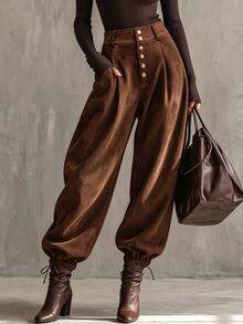 LUMIGAL Women's Brown Suede Cinched Waist Button-Front Tapered Leg Vintage Boho Casual Commuter Pants, Spring/Autumn - Brown - View 7