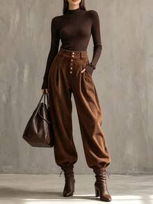 LUMIGAL Women's Brown Suede Cinched Waist Button-Front Tapered Leg Vintage Boho Casual Commuter Pants, Spring/Autumn - Brown - View 6