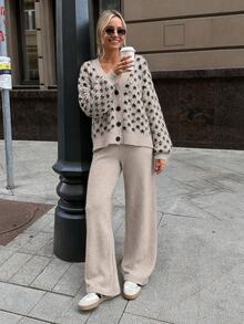 SHEIN Star Pattern Hairy Knit Button Front Cardigan - Grey - View 4