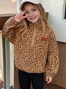 Girls Brown Leopard Print Half-Zip Sweatshirt, Casual Animal Pattern Stand Collar Pullover, Comfortable Autumn/Winter Outfit - Multicolor - View 1