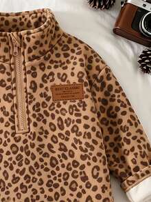 Girls Brown Leopard Print Half-Zip Sweatshirt, Casual Animal Pattern Stand Collar Pullover, Comfortable Autumn/Winter Outfit - Multicolor - View 5