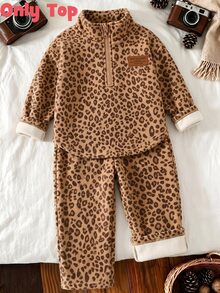 Girls Brown Leopard Print Half-Zip Sweatshirt, Casual Animal Pattern Stand Collar Pullover, Comfortable Autumn/Winter Outfit - Multicolor - View 3