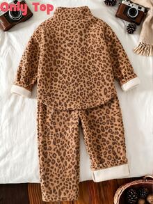 Girls Brown Leopard Print Half-Zip Sweatshirt, Casual Animal Pattern Stand Collar Pullover, Comfortable Autumn/Winter Outfit - Multicolor - View 2