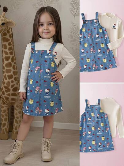 HELLO KITTY AND FRIENDS | SHEIN 2pcs Young Girl Young Girl Casual Comfortable Mid-High Neck Pullover Long Sleeve Printed T-Shirt & All-Over Print Woven Jumpsuit Set