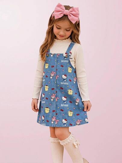HELLO KITTY AND FRIENDS | SHEIN 2pcs Young Girl Young Girl Casual Comfortable Mid-High Neck Pullover Long Sleeve Printed T-Shirt & All-Over Print Woven Jumpsuit Set