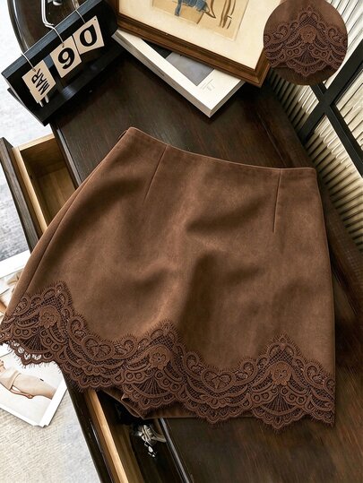 Franclia Rok Pendek Wanita Elegan Model A-Line dengan Hiasan Renda, Bahan Suede Cokelat, Musim Gugur/Musim Dingin 2026, Cocok untuk Kencan, Jalan-jalan Sehari-hari, Pesta, Seksi, Konser, Bawahan Musim Gugur