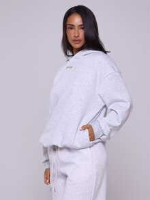 MUSERA Logo Text Embroidery Patch Oversized Hoodie Relaxed Sweatshirt Back To School Cosy Cute Casual Every Streetwear Grey Summer Vacation Holiday - Light Grey - View 3