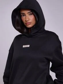 MUSERA Logo 文字刺绣贴片超大款连帽衫宽松卫衣返校舒适可爱休闲日常 Y2K 街头风胶囊衣橱黑色春夏度假假日 - 黑色 - 查看 5