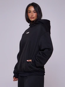 MUSERA Logo 文字刺绣贴片超大款连帽衫宽松卫衣返校舒适可爱休闲日常 Y2K 街头风胶囊衣橱黑色春夏度假假日 - 黑色 - 查看 3