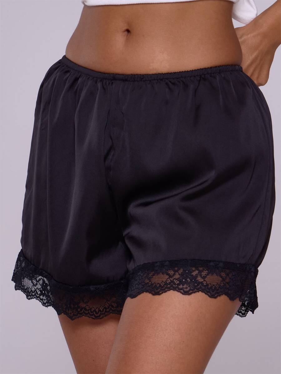 MUSERA Elasticated Satin Pull On Lace Trim Shorts Cute Summer Vacation Boho Summer Cute Pants Spring Holiday Casual Elegant Fall Autumn Halloween - Black - View 1
