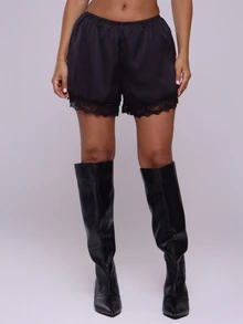 MUSERA Elasticated Satin Pull On Lace Trim Shorts Cute Summer Vacation Boho Summer Cute Pants Spring Holiday Casual Elegant Fall Autumn Halloween - Black - View 3