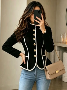 Yalmera Women's Autumn/Winter New Elegant Commute Waist-Cinching Contrast Trim Jacket - Black - View 3