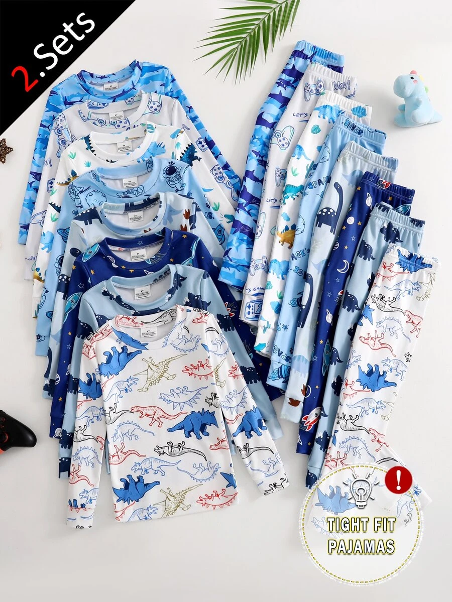 8套隨機發送 2歲小男孩居家服，幼兒可愛卡通印花長袖褲子針織修身睡衣家居服套裝，秋季柔軟舒適