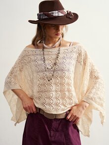 Bohemela Women's Solid Color Hollow Design Loose Fashion Cape Sweater Vacation Brunch Beige Fall Boho - Apricot - View 1