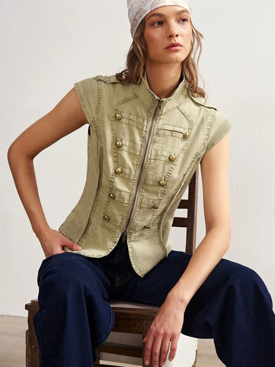 Bohemela Women's Stand Collar Double-Breasted Button Design Zipper Casual Vintage Old Fashioned Fashion Vest Jacket Everyday Sage Green Summer - Green - View 1