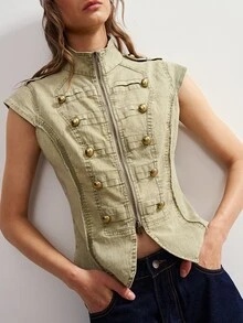 Bohemela Women's Stand Collar Double-Breasted Button Design Zipper Casual Vintage Old Fashioned Fashion Vest Jacket Everyday Sage Green Summer - Green - View 3