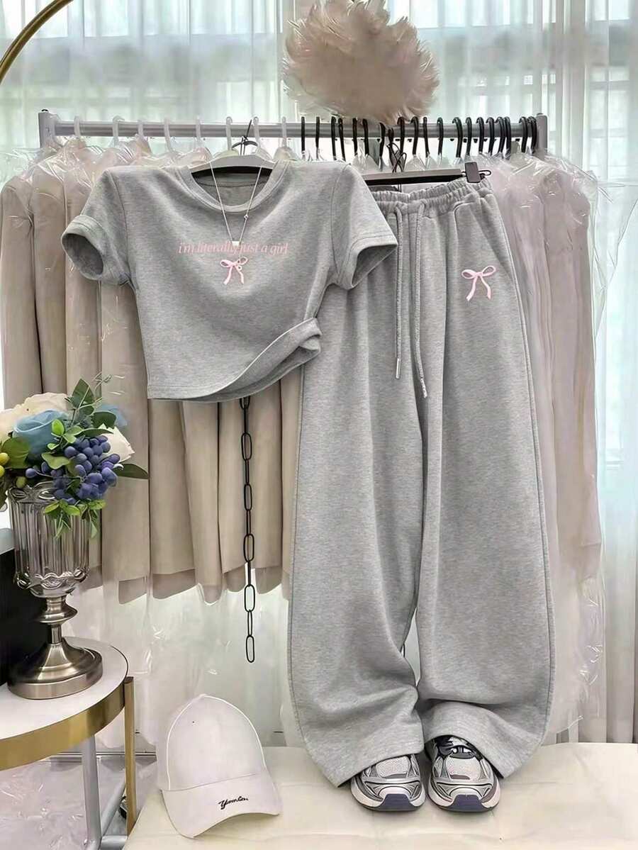 Resyla Women's Casual Cute Bow Print Short Sleeve T-Shirt And Shorts 2 Pieces Set, Suitable For Daily And Sports Wear Lounge Travel Pink Summer - Dark Grey - View 1