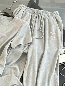 Resyla Women's Casual Cute Bow Print Short Sleeve T-Shirt And Shorts 2 Pieces Set, Suitable For Daily And Sports Wear Lounge Travel Pink Summer - Dark Grey - View 4