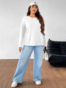 SHEIN EZwear Top casual de manga larga y cuello redondo blanco para mujer de talla grande - Blanco - Ver 8