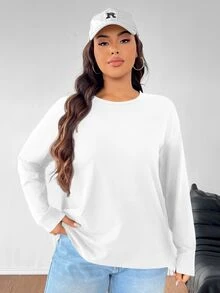 SHEIN EZwear Top casual de manga larga y cuello redondo blanco para mujer de talla grande - Blanco - Ver 6