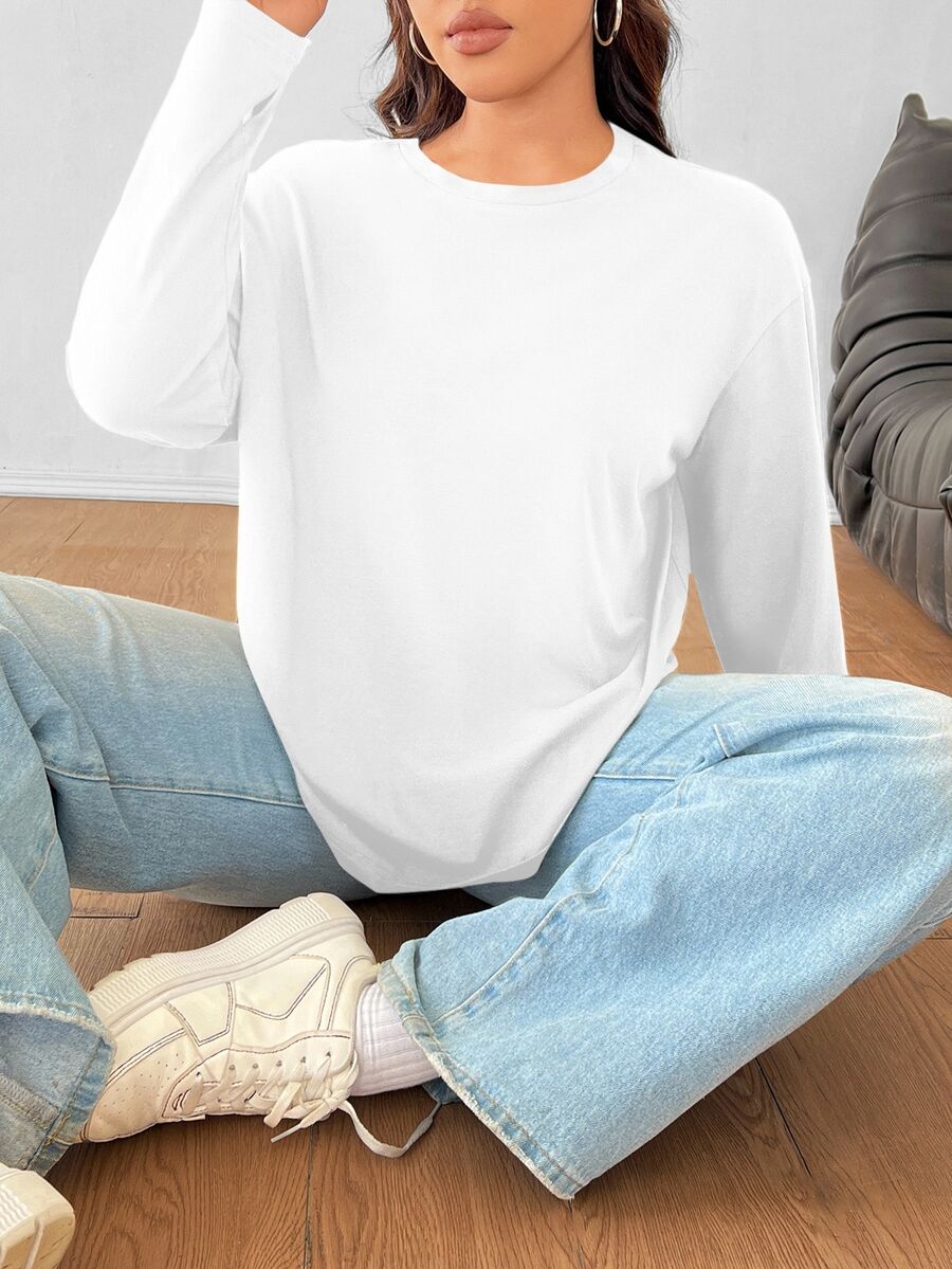 SHEIN EZwear Top casual de manga larga y cuello redondo blanco para mujer de talla grande