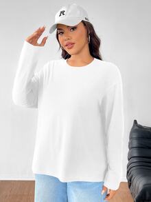 SHEIN EZwear Top casual de manga larga y cuello redondo blanco para mujer de talla grande - Blanco - Ver 4