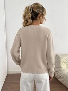 SHEIN Petite Size Women Beige Solid Color Ribbon Trim Bow Detailed Button Front Cardigan, Cute French Romantic Casual Brunch Autumn Winter - Beige - View 2