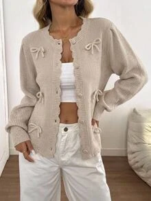 SHEIN Petite Size Women Beige Solid Color Ribbon Trim Bow Detailed Button Front Cardigan, Cute French Romantic Casual Brunch Autumn Winter - Beige - View 7