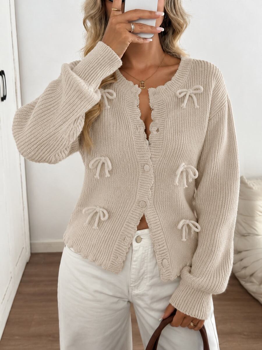 SHEIN Petite Size Women Beige Solid Color Ribbon Trim Bow Detailed Button Front Cardigan, Cute French Romantic Casual Brunch Autumn Winter - Beige - View 1