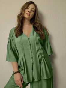 Linhara CURVE Women's Plus Size Solid Sage Green V-Neck Pleated Drop Shoulder Sleeve Button-Up Top + Elastic Waist Wide Leg Pants Versatile Casual Boho Daily Two - Mint Green - View 6
