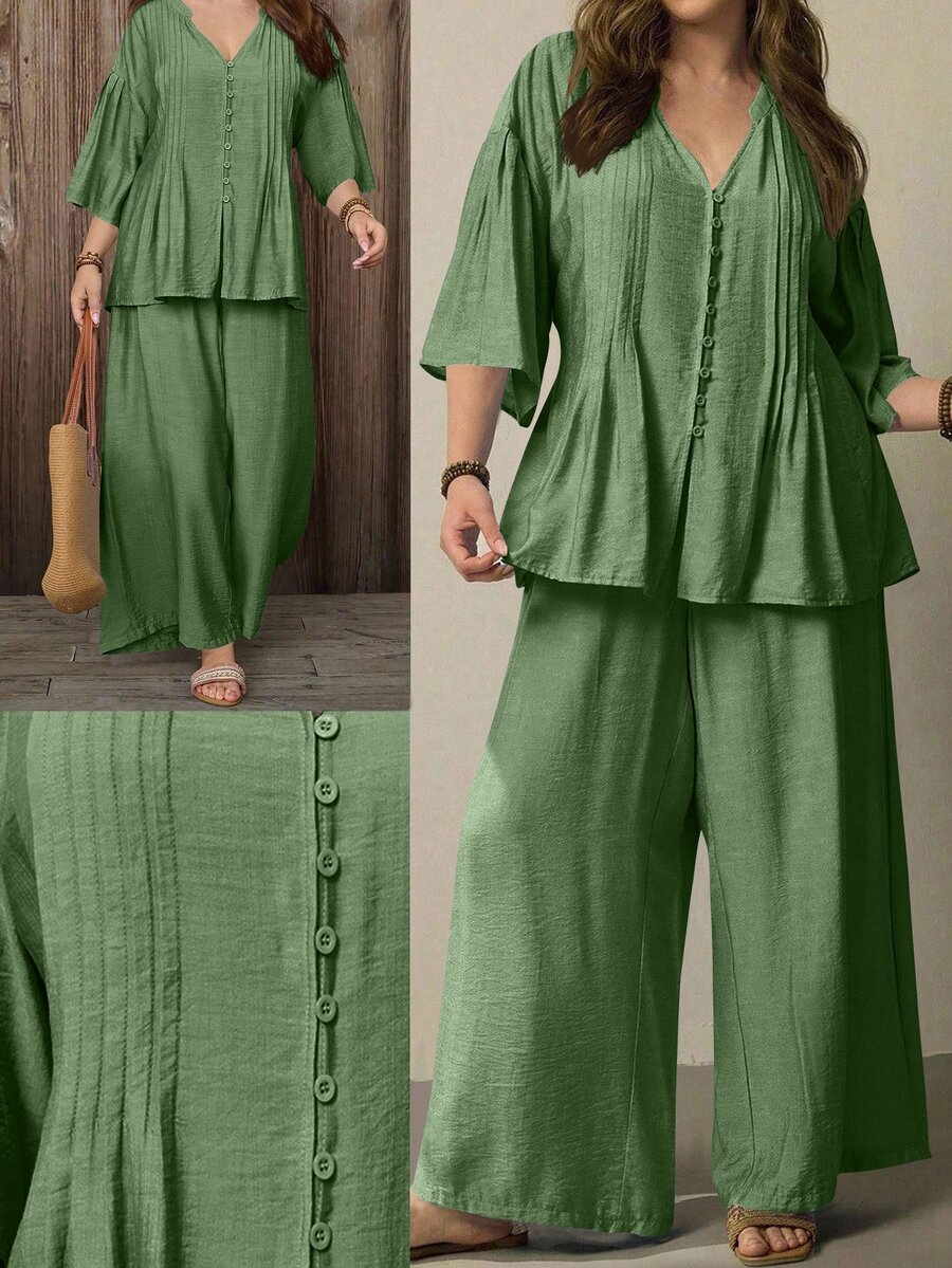 Linhara CURVE Women's Plus Size Solid Sage Green V-Neck Pleated Drop Shoulder Sleeve Button-Up Top + Elastic Waist Wide Leg Pants Versatile Casual Boho Daily Two - Mint Green - View 1