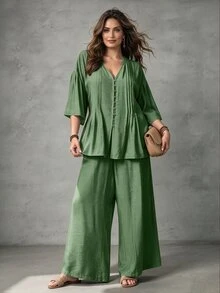Linhara CURVE Women's Plus Size Solid Sage Green V-Neck Pleated Drop Shoulder Sleeve Button-Up Top + Elastic Waist Wide Leg Pants Versatile Casual Boho Daily Two - Mint Green - View 3