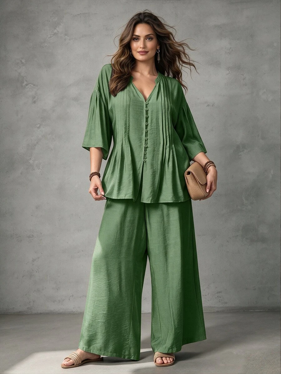 Linhara CURVE Women's Plus Size Solid Sage Green V-Neck Pleated Drop Shoulder Sleeve Button-Up Top + Elastic Waist Wide Leg Pants Versatile Casual Boho Daily Two - Mint Green - View 1
