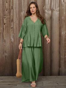 Linhara CURVE Women's Plus Size Solid Sage Green V-Neck Pleated Drop Shoulder Sleeve Button-Up Top + Elastic Waist Wide Leg Pants Versatile Casual Boho Daily Two - Mint Green - View 4
