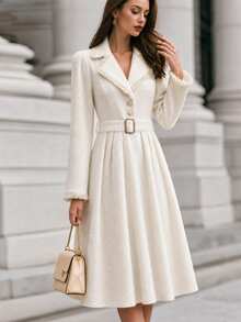 SHEIN Women's Winter Elegant Commute & Date Outfit Exquisite Tassel Patchwork Waist-Cinching Mid-Length Heavy-Embroidered Apricot Dress - Apricot - View 4