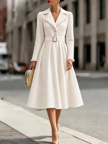 SHEIN Women's Winter Elegant Commute & Date Outfit Exquisite Tassel Patchwork Waist-Cinching Mid-Length Heavy-Embroidered Apricot Dress - Apricot - View 1