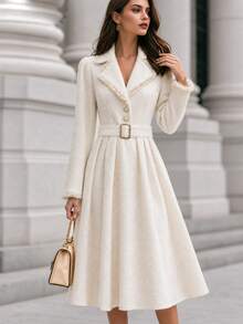SHEIN Women's Winter Elegant Commute & Date Outfit Exquisite Tassel Patchwork Waist-Cinching Mid-Length Heavy-Embroidered Apricot Dress - Apricot - View 5
