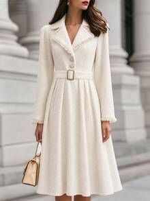 SHEIN Women's Winter Elegant Commute & Date Outfit Exquisite Tassel Patchwork Waist-Cinching Mid-Length Heavy-Embroidered Apricot Dress - Apricot - View 3